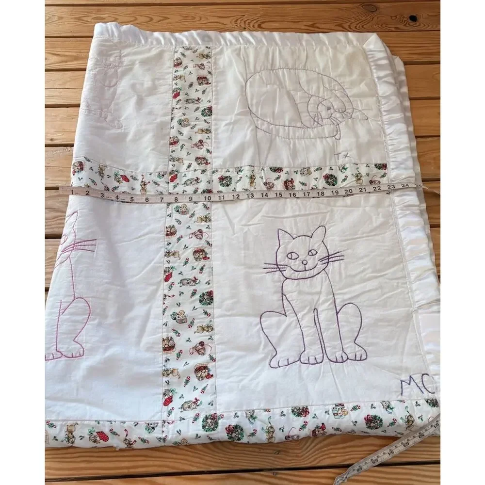 Vintage Handmade Embroidered Cat Quilt Size 64x50 White H2